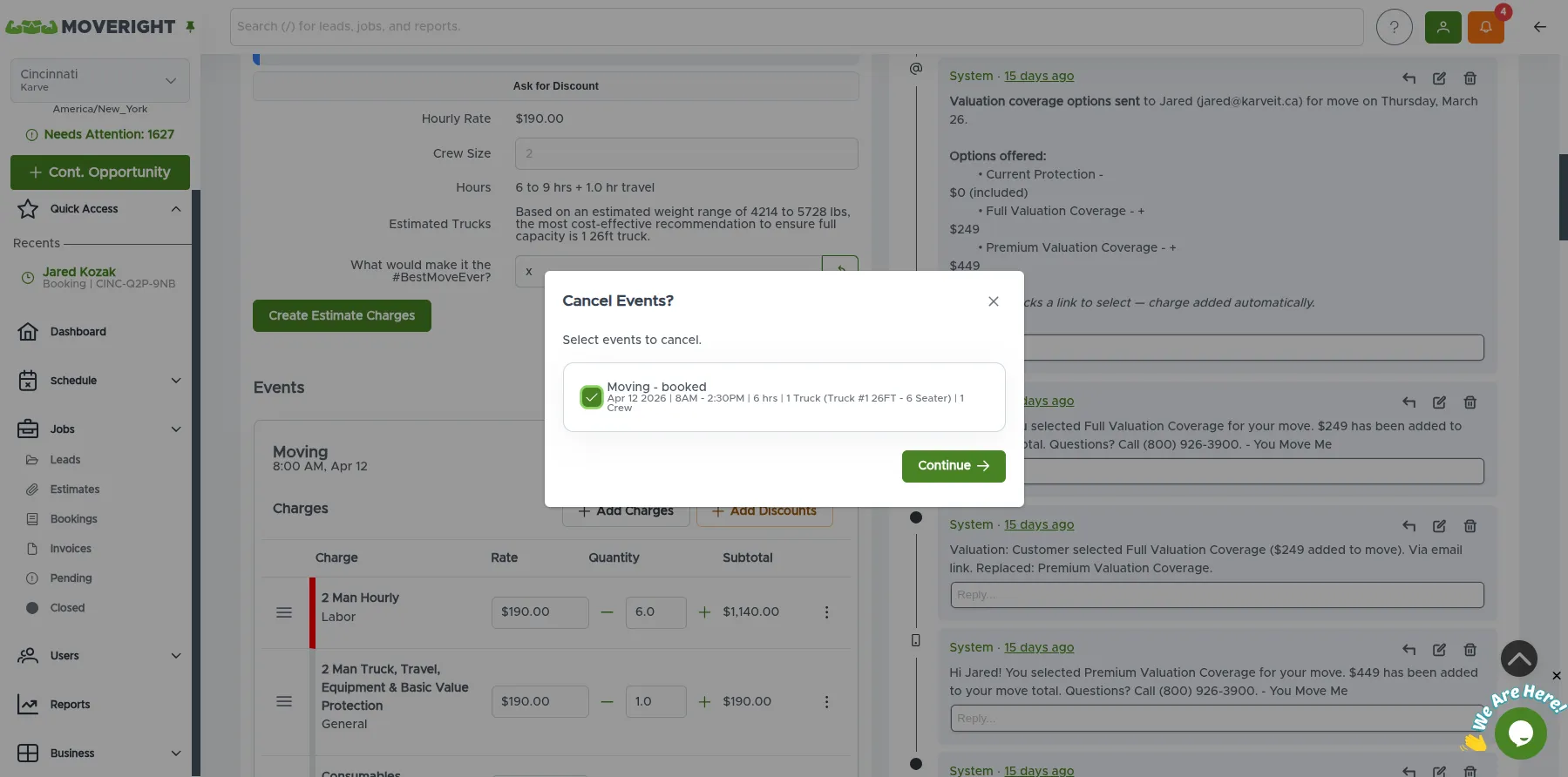 Cancel Events dialog showing pre-selected booked event