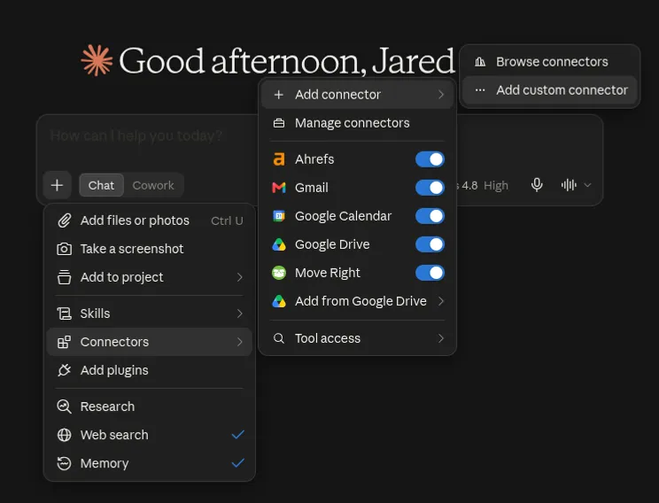 Claude chat window with the + menu open, hovering over Connectors to reveal Add connector, then Add custom connector