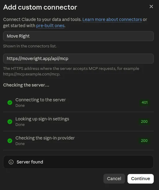 Add custom connector window showing the name Move Right, the MCP server URL, a successful server check, and the Continue button