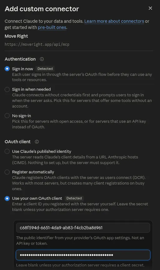 Add custom connector window with Sign in now authentication selected and Use your own OAuth client selected, showing the client ID and secret fields