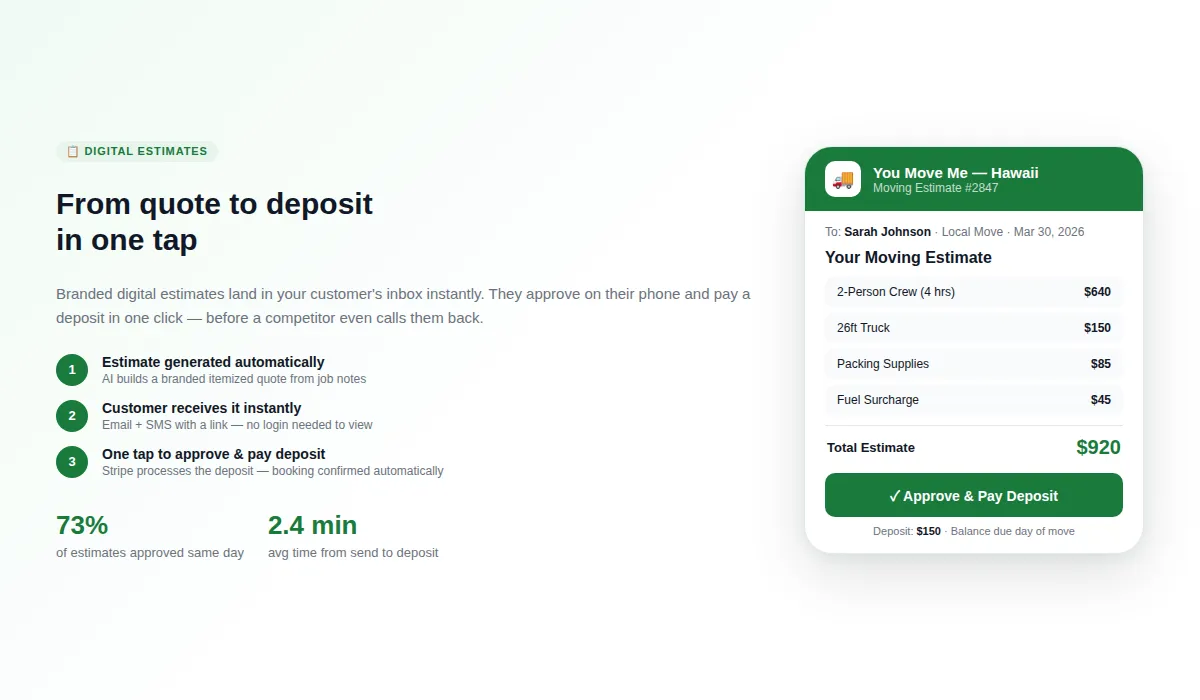 MoveRight digital estimate — customer approves and pays deposit from their phone