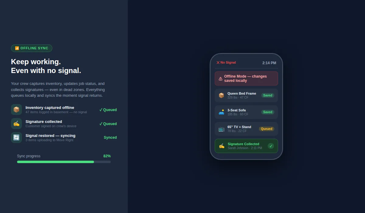 MoveRight mobile dispatch view — works offline in dead zones and syncs when signal returns