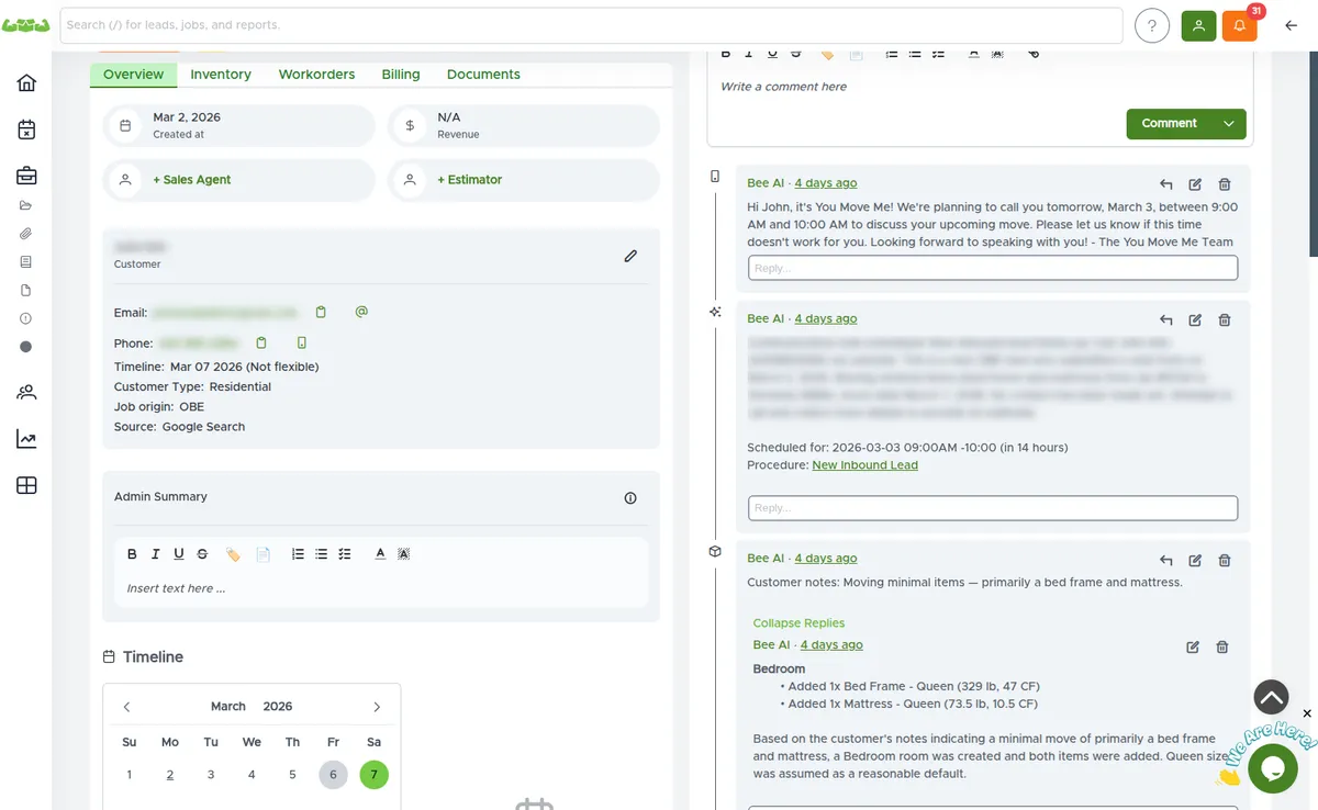 MoveRight unified inbox showing the full customer activity feed for a job